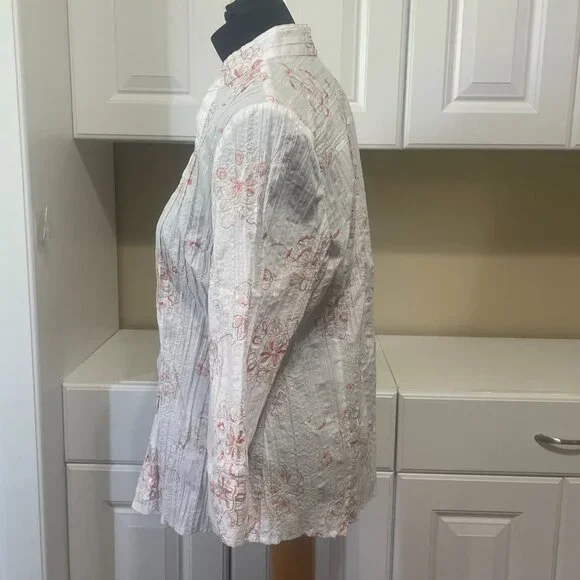 Fred David Womens L Blouse Floral Embroidered Button Front Crinkle Stretch Top - Picture 2 of 13